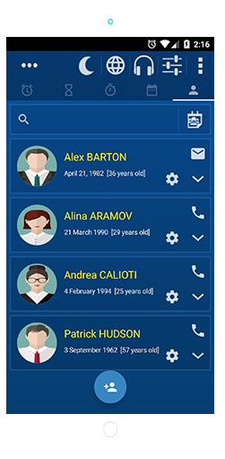 Contacts list in Alarm Plus Millenium Android App